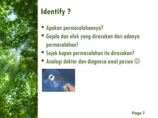 Apakan permasalahannya? Gejala dan efek yang dirasakan dari adanya permasalahan? Sejak kapan permasalahan itu dirasakan? Analogi dokter dan diagnosa awal pasien   Identify ? 
