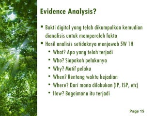Evidence Analysis? <ul><li>Bukti digital yang telah dikumpulkan kemudian dianalisis untuk memperoleh fakta </li></ul><ul><...