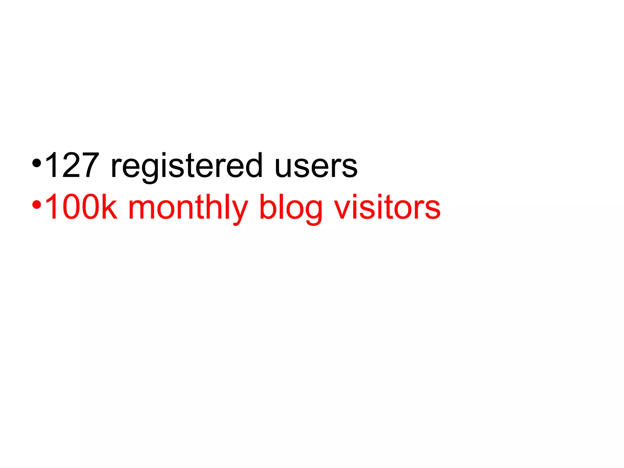 127 registered users 100k monthly blog visitors 