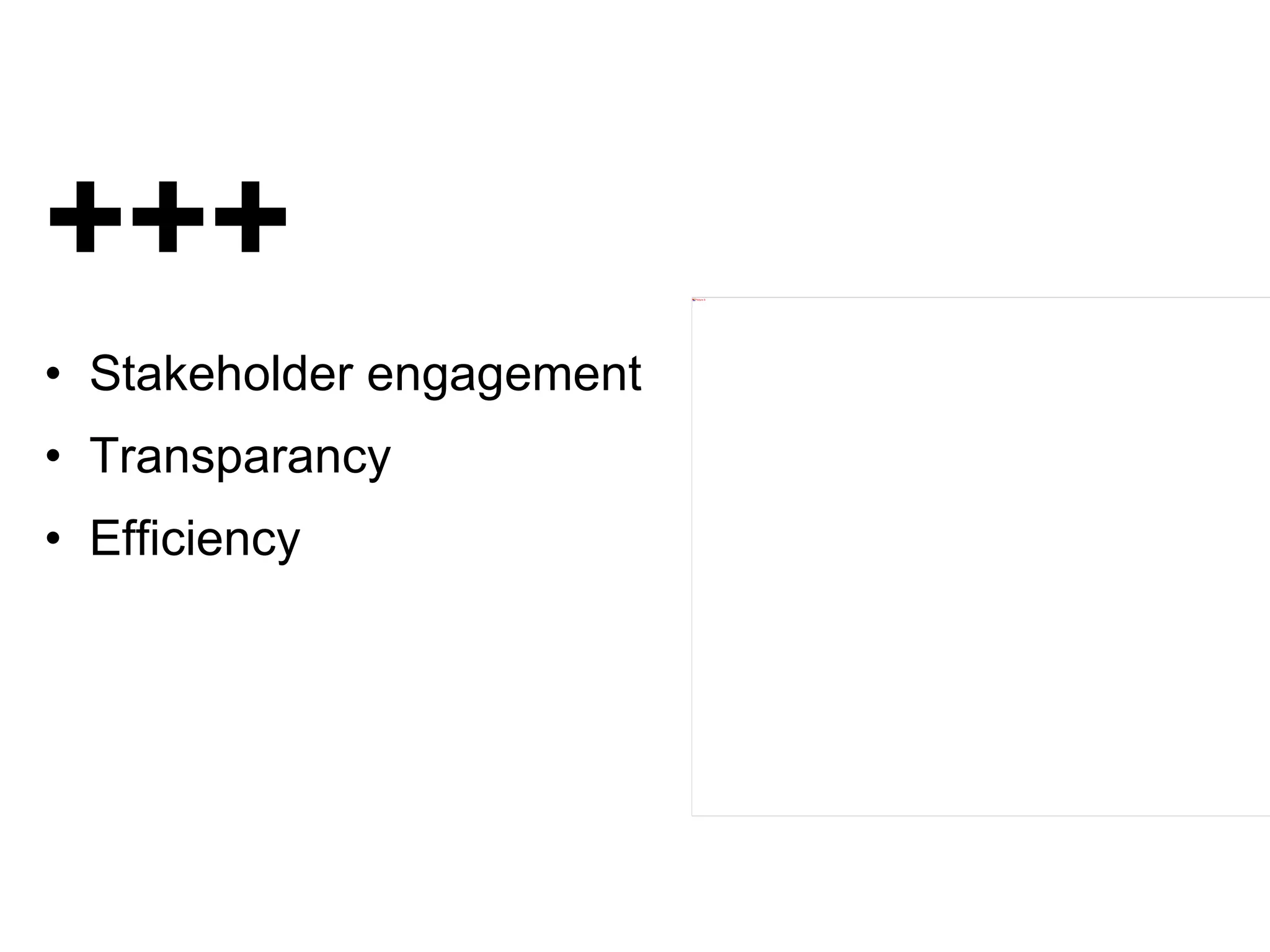 +++ •  Stakeholder engagement •  Transparancy •  Efficiency 