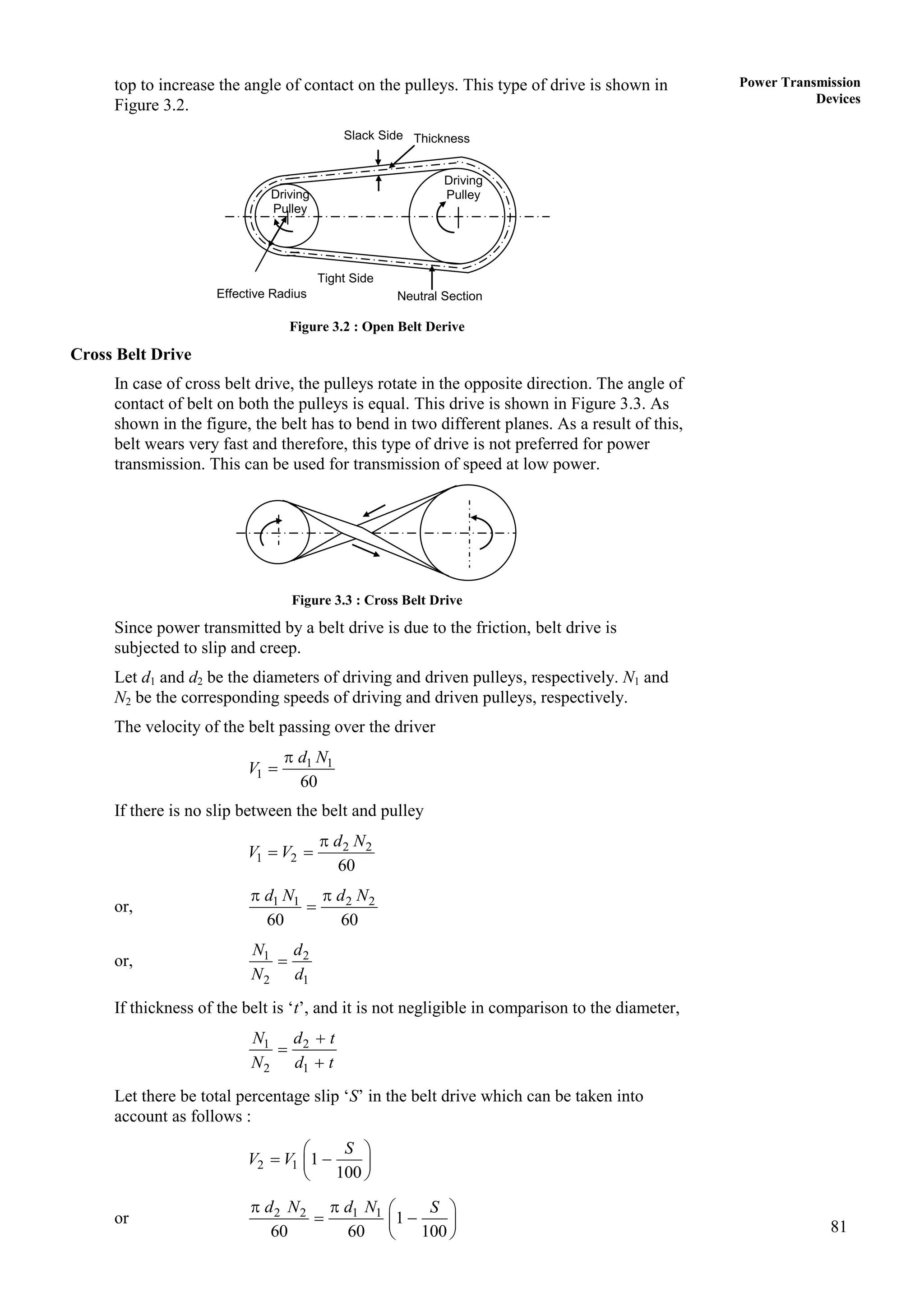 81
Power Transmission
Devices
top to increase the angle of contact on the pulleys. This type of drive is shown in
Figure 3.2.
Figure 3.2 : Open Belt Derive
Cross Belt Drive
In case of cross belt drive, the pulleys rotate in the opposite direction. The angle of
contact of belt on both the pulleys is equal. This drive is shown in Figure 3.3. As
shown in the figure, the belt has to bend in two different planes. As a result of this,
belt wears very fast and therefore, this type of drive is not preferred for power
transmission. This can be used for transmission of speed at low power.
Figure 3.3 : Cross Belt Drive
Since power transmitted by a belt drive is due to the friction, belt drive is
subjected to slip and creep.
Let d1 and d2 be the diameters of driving and driven pulleys, respectively. N1 and
N2 be the corresponding speeds of driving and driven pulleys, respectively.
The velocity of the belt passing over the driver
1 1
1
60
d N
V


If there is no slip between the belt and pulley
2 2
1 2
60
d N
V V

 
or, 1 1 2 2
60 60
d N d N
 

or, 1 2
2 1
N d
N d

If thickness of the belt is ‘t’, and it is not negligible in comparison to the diameter,
1 2
2 1
N d t
N d t



Let there be total percentage slip ‘S’ in the belt drive which can be taken into
account as follows :
2 1 1
100
 
 
 
 
S
V V
or 2 2 1 1
1
60 60 100
   
 
 
 
d N d N S
Driving
Pulley
Slack Side Thickness
Effective Radius
Driving
Pulley
Neutral Section
Tight Side
 