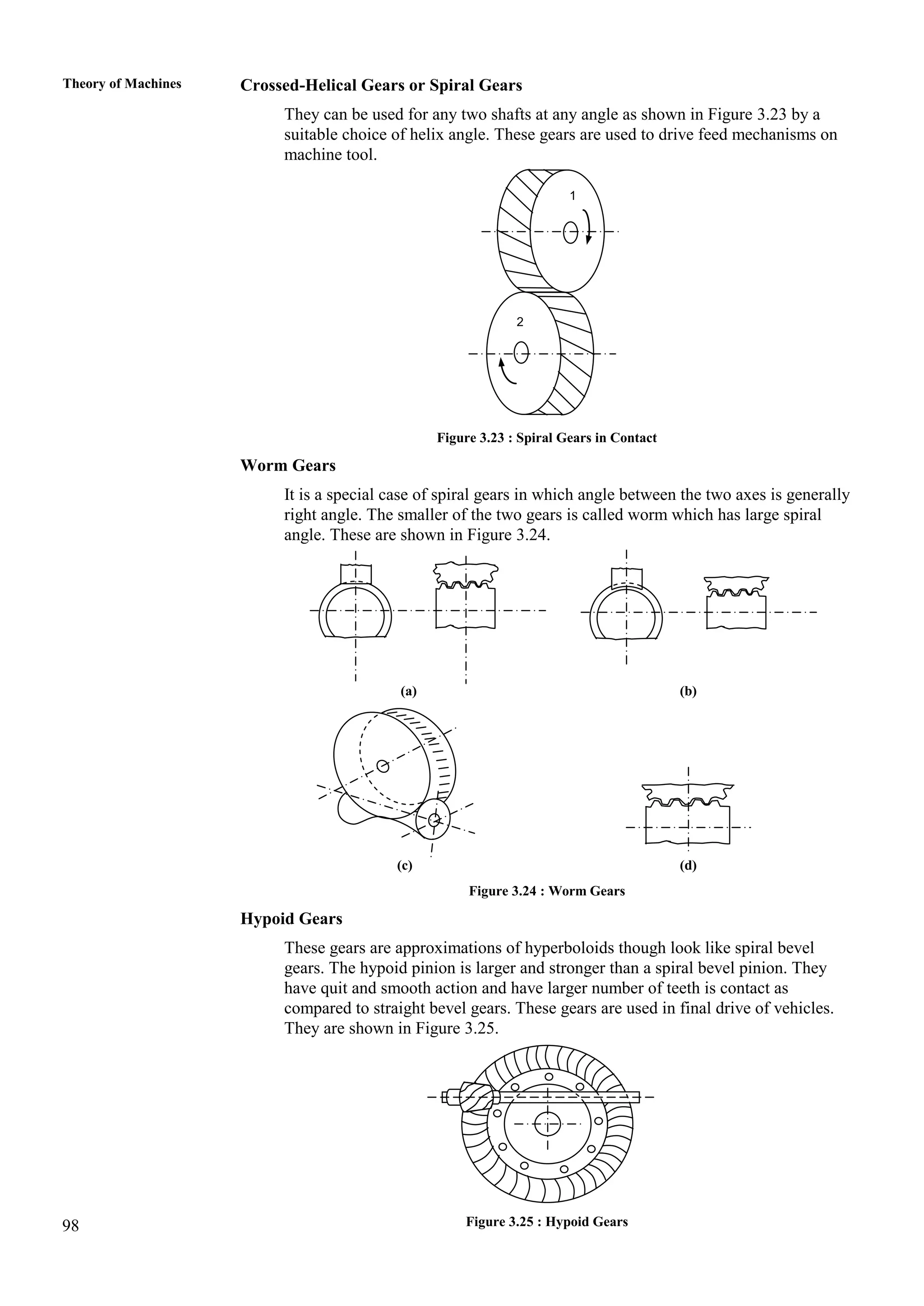 98
Theory of Machines Crossed-Helical Gears or Spiral Gears
They can be used for any two shafts at any angle as shown in Figure 3.23 by a
suitable choice of helix angle. These gears are used to drive feed mechanisms on
machine tool.
Figure 3.23 : Spiral Gears in Contact
Worm Gears
It is a special case of spiral gears in which angle between the two axes is generally
right angle. The smaller of the two gears is called worm which has large spiral
angle. These are shown in Figure 3.24.
(a) (b)
(c) (d)
Figure 3.24 : Worm Gears
Hypoid Gears
These gears are approximations of hyperboloids though look like spiral bevel
gears. The hypoid pinion is larger and stronger than a spiral bevel pinion. They
have quit and smooth action and have larger number of teeth is contact as
compared to straight bevel gears. These gears are used in final drive of vehicles.
They are shown in Figure 3.25.
Figure 3.25 : Hypoid Gears
1
2
 