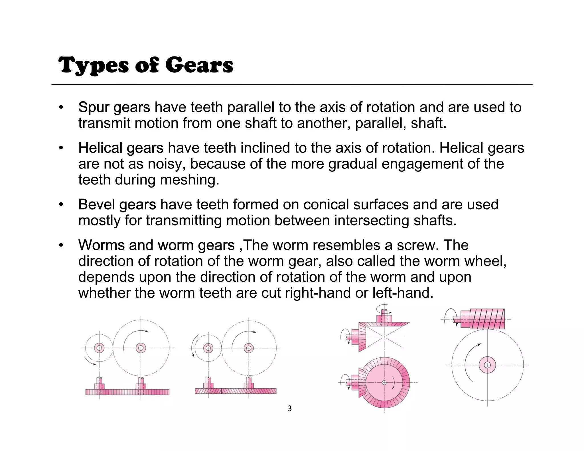 Types of Gears
• Spur gears have teeth parallel to the axis of rotation and are used to
transmit motion from one shaft to another, parallel, shaft.
• Helical gears have teeth inclined to the axis of rotation. Helical gears
are not as noisy, because of the more gradual engagement of the
teeth during meshing.
• Bevel gears have teeth formed on conical surfaces and are used
mostly for transmitting motion between intersecting shafts.
• Worms and worm gears ,The worm resembles a screw. The
direction of rotation of the worm gear, also called the worm wheel,
depends upon the direction of rotation of the worm and upon
whether the worm teeth are cut right-hand or left-hand.
3
 