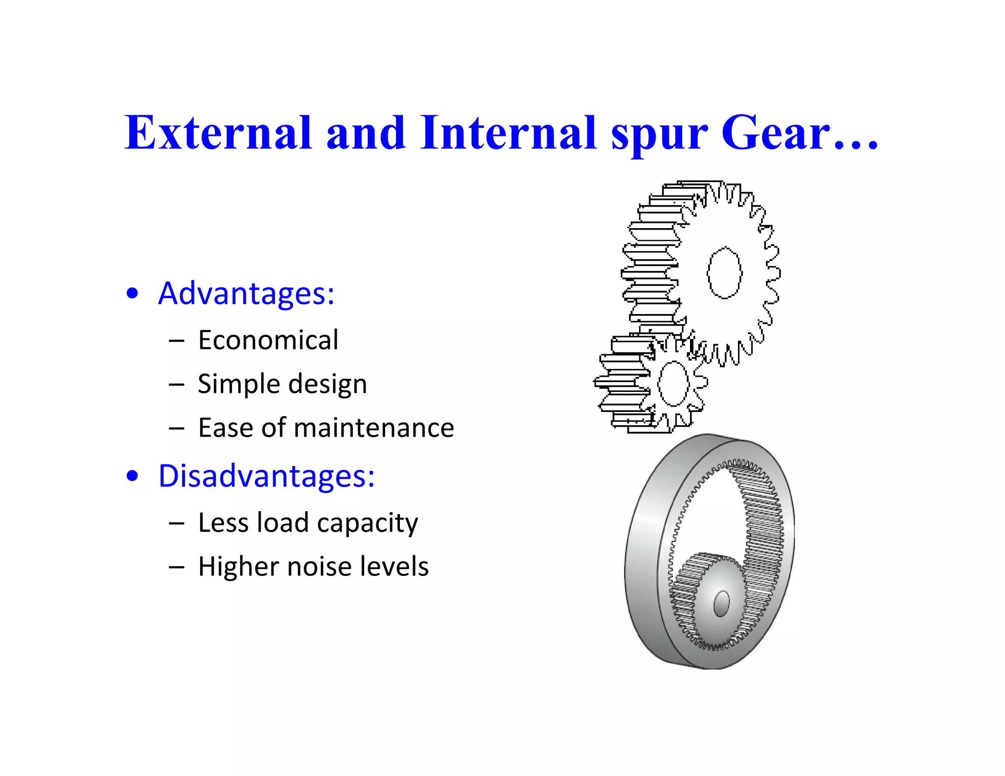 External and Internal spur Gear…
External and Internal spur Gear…
• Advantages:
Economical
– Economical
– Simple design
– Ease of maintenance
Ease of maintenance
• Disadvantages:
– Less load capacity
p y
– Higher noise levels
 