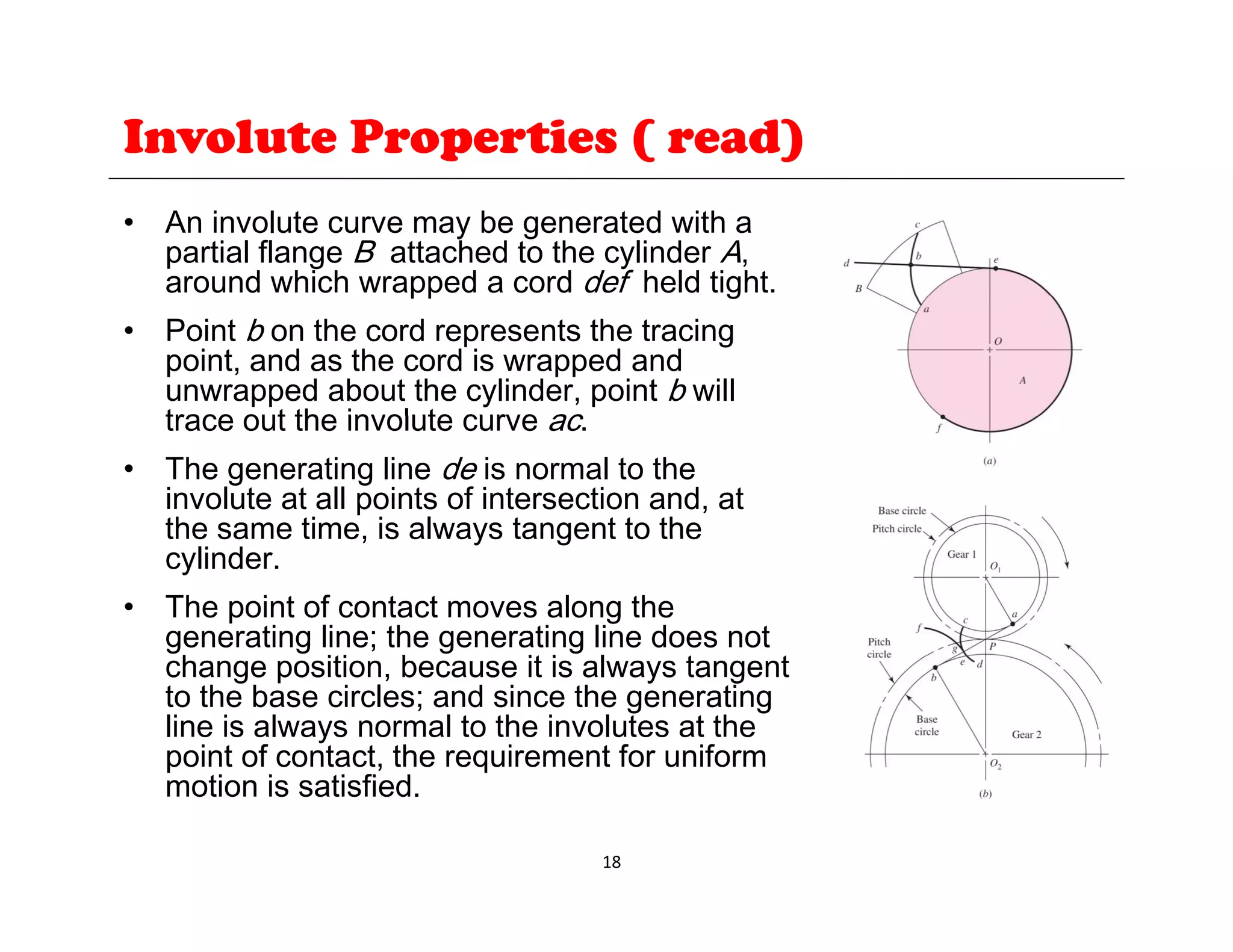 Involute Properties ( read)
• An involute curve may be generated with a
partial flange B attached to the cylinder A,
around which wrapped a cord def held tight.
pp g
• Point b on the cord represents the tracing
point, and as the cord is wrapped and
unwrapped about the cylinder, point b will
trace out the involute curve ac
trace out the involute curve ac.
• The generating line de is normal to the
involute at all points of intersection and, at
the same time is always tangent to the
the same time, is always tangent to the
cylinder.
• The point of contact moves along the
generating line; the generating line does not
h iti b it i l t t
change position, because it is always tangent
to the base circles; and since the generating
line is always normal to the involutes at the
point of contact, the requirement for uniform
ti i ti fi d
18
motion is satisfied.
 