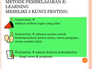 METODE PEMBELAJARAN E-
LEARNING
MEMILIKI 3 KUNCI PENTING:
1. Instruction 
adanya arahan tugas yang jelas
2. Interaction  adanya sarana untuk
berkomunikasi (siswa-siswa, siswa-pengajar,
siswa-sumber lain)
3. Evaluation  adanya kriteria keberhasilan
 (bagi siswa & program)
 