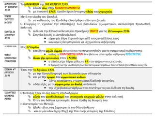 ΔΗΜΟΨΗΦΙΣΜΑ
3ης ΝΟΕΜΒΡΙΟΥ
1935
Το ΔΗΜΟΨΗΦΙΣΜΑ της 3ΗΣ ΝΟΕΜΒΡΙΟΥ 1935
 έδωσε τέλος στην ΑΒΑΣΙΛΕΥΤΗ ΔΗΜΟΚΡΑΤΙΑ
 με ποσοστό 97,6%, προϊόν πρωτόγνωρης νοθείας και τρομοκρατίας.
ΠΡΩΤΕΣ
ΕΝΕΡΓΕΙΕΣ
ΒΑΣΙΛΙΑ
ΕΚΛΟΓΕΣ 26
ΙΑΝΟΥΑΡΙΟΥ
1936
Μετά την άφιξη του βασιλιά,
 το καθεστώς του Κονδύλη αποσύρθηκε από την εξουσία.
Ο Γεώργιος Β', έχοντας την υποστήριξη των βασιλικών αξιωματικών, ακολούθησε προσωπική
πολιτική.
 Διέλυσε την Εθνοσυνέλευση και προκήρυξε ΕΚΛΟΓΕΣ για τις 26 Ιανουαρίου 1936.
 Στη νέα Βουλή, οι Αντιβενιζελικοί
 είχαν μία έδρα περισσότερη από τους αντιπάλους τους
 και κανείς δεν μπορούσε να σχηματίσει κυβέρνηση.
27 ΑΠΡΙΛΙΟΥ 1936
ΨΗΦΟΣ
ΕΜΠΙΣΤΟΣΥΝΗΣ
ΣΤΟΝ ΜΕΤΑΞΑ
Στις 27 Απριλίου,
 επειδή τα μεγάλα κόμματα αδυνατούσαν να συνεννοηθούν για το σχηματισμό κυβέρνησης,
 καθώς το ΚΟΜΜΟΥΝΙΣΤΙΚΟ ΚΟΜΜΑ δεν ήθελε να υποστηρίξει κυβέρνηση ΦΙΛΕΛΕΥΘΕΡΩΝ,
 έδωσαν ψήφο εμπιστοσύνης στον I. ΜΕΤΑΞΑ,
 ο οποίος είχε πάρει μόλις το 4% των ψήφων στις εκλογές.
 Ο δρόμος για την υλοποίηση των δικτατορικών σχεδίων του Μεταξά ήταν πλέον ανοιχτός.
ΕΠΙΒΟΛΗ 4ΗΣ
ΑΥΓΟΥΣΤΟΥ
1936
Έτσι, την 4η Αυγούστου 1936,
 με την προσυπογραφή των περισσότερων υπουργών
 και με την πρόφαση του κομμουνιστικού κινδύνου
 λόγω επικείμενης 24ωρης πανελλαδικής απεργίας,
 ο Μεταξάς, με τη σύμφωνη γνώμη του βασιλιά, ανέστειλε
 την ισχύ βασικών άρθρων του συντάγματος και διέλυσε τη Βουλή.
ΙΔΕΟΛΟΓΙΚΕΣ
ΚΑΤΑΒΟΛΕΣ
ΜΕΤΑΞΑ
Ο Μεταξάς ήταν σε όλη του τη σταδιοδρομία
 εχθρός του κοινοβουλευτισμού και υποστηρικτής αυταρχικών μεθόδων στην πολιτική.
 Όταν του δόθηκε η ευκαιρία, έκανε πράξη τις θεωρίες του.
Η δικτατορία του Μεταξά
 έβαλε τέλος στη Δημοκρατία του Μεσοπολέμου
 και σε μία ολόκληρη εποχή της πολιτικής ιστορίας της Ελλάδας.
 