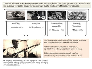 Κονδύλης
31 Ιανουαρίου 1936
Βενιζέλος
18 Μαρτίου 1936
Κωνσταντίνος
Δεμερτζής
13 Απριλίου 1936
Παναγής
Τσαλδάρης
17 Μαΐου 1936
Τέσσερις θάνατοι, πολιτικών ηγετών κατά το πρώτο εξάμηνο του 1936, φαίνεται, ότι συνετέλεσαν
και αυτοί με τον τρόπο τους στην ευκολότερη άνοδο του Ιωάννη Μεταξά στην εξουσία.
 Όσοι γινούν πρωθυπουργοί όλοι τους θα πεθάνουν,
τους κυνηγάει ο λαός απ' τα καλά που κάνουν.
Απέθανε ο Κονδύλης μας, πάει κι ο Βενιζέλος,
την πούλεψε κι ο Δεμερτζής που θα φερνε το τέλος.
Βάζω υποψηφιότητα πρωθυπουργός να γίνω,
να κάθομαι τεμπέλικα να τρώω και να πίνω.
Ο Μάρκος Βαμβακάρης σε ένα τραγούδι του (1936)
αναφέρθηκε στους τρεις πρώτους από τους τέσσερις
συνολικά θανάτους….
 