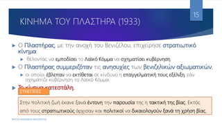 ΚΙΝΗΜΑ ΤΟΥ ΠΛΑΣΤΗΡΑ (1933)
 Ο Πλαστήρας, με την ανοχή του Βενιζέλου, επιχείρησε στρατιωτικό
κίνημα
 θέλοντας να εμποδίσει το Λαϊκό Κόμμα να σχηματίσει κυβέρνηση.
 Ο Πλαστήρας συμμεριζόταν τις ανησυχίες των βενιζελικών αξιωματικών,
 οι οποίοι έβλεπαν να εκτίθεται σε κίνδυνο η επαγγελματική τους εξέλιξη, εάν
σχημάτιζε κυβέρνηση το Λαϊκό Κόμμα.
 Το κίνημα κατεστάλη.
ΦΑΤΣΗ ΑΘΑΝΑΣΙΑ ΦΙΛΟΛΟΓΟΣ
15
Στην πολιτική ζωή έκανε ξανά έντονη την παρουσία της η τακτική της βίας. Εκτός
από τους στρατιωτικούς άρχισαν και πολιτικοί να δικαιολογούν ξανά τη χρήση βίας.
ΣΥΝΕΠΕΙΕΣ
 