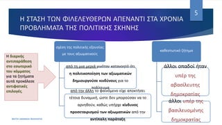 Η ΣΤΑΣΗ ΤΩΝ ΦΙΛΕΛΕΥΘΕΡΩΝ ΑΠΕΝΑΝΤΙ ΣΤΑ ΧΡΟΝΙΑ
ΠΡΟΒΛΗΜΑΤΑ ΤΗΣ ΠΟΛΙΤΙΚΗΣ ΣΚΗΝΗΣ
ΦΑΤΣΗ ΑΘΑΝΑΣΙΑ ΦΙΛΟΛΟΓΟΣ
5
Η διαρκής
αντιπαράθεση
στο εσωτερικό
του κόμματος
για τα ζητήματα
αυτά προκάλεσε
αντιφατικές
επιλογές.
σχέση της πολιτικής εξουσίας
με τους αξιωματικούς
από τη μια μεριά γινόταν κατανοητό ότι
η πολιτικοποίηση των αξιωματικών
δημιουργούσε κινδύνους για το
πολίτευμα
από την άλλη το φαινόμενο είχε αποκτήσει
τέτοια δυναμική, ώστε δεν μπορούσαν να το
αρνηθούν, καθώς υπήρχε κίνδυνος
προσεταιρισμού των αξιωματικών από την
αντίπαλη παράταξη
καθεστωτικό ζήτημα
άλλοι οπαδοί ήταν
υπέρ της
αβασίλευτης
δημοκρατίας
άλλοι υπέρ της
βασιλευομένης
δημοκρατίας
 
