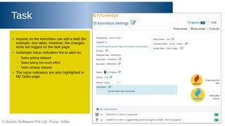 © Acism Software Pvt Ltd, Pune, India
Task
● Anyone on the kommbox can edit a field (for
example, due date). However, the changes
done are logged on the task page.
● Automatic issue indicators fire to alert on:
– Tasks getting delayed
– Tasks taking too much effort
– Tasks already delayed
● The issue indicators are also highlighted in
My Tasks page.
 