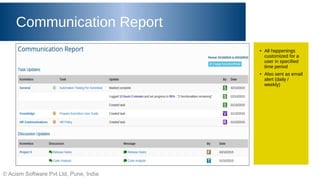 © Acism Software Pvt Ltd, Pune, India
Communication Report
● All happenings
customized for a
user in specified
time period
● Also sent as email
alert (daily /
weekly)
 