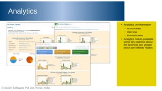 © Acism Software Pvt Ltd, Pune, India
Analytics
● Analytics on information
– Account-wise
– User-wise
– Kommbox-wise
● Analytics makes available
some key statistics about
the business and people
which are hitherto hidden.
 