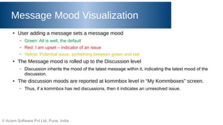 © Acism Software Pvt Ltd, Pune, India
Message Mood Visualization
● User adding a message sets a message mood
– Green: All is well, the default
– Red: I am upset – indicator of an issue
– Yellow: Potential issue, something between green and red
● The Message mood is rolled up to the Discussion level
– Discussion inherits the mood of the latest message within it, indicating the latest mood of the
discussion.
● The discussion moods are reported at kommbox level in “My Kommboxes” screen.
– Thus, if a kommbox has red discussions, then it indicates an unresolved issue.
 