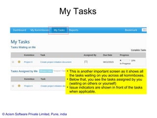 © Acism Software Private Limited, Pune, india
My Tasks

This is another important screen as it shows all
the tasks waiting on you across all kommboxes.

Below that, you see the tasks assigned by you
(waiting on others or yourself)

Issue indicators are shown in front of the tasks
when applicable.
 