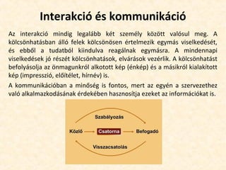Interakció és kommunikáció
Az interakció mindig legalább két személy között valósul meg. A
kölcsönhatásban álló felek kölcsönösen értelmezik egymás viselkedését,
és ebből a tudatból kiindulva reagálnak egymásra. A mindennapi
viselkedések jó részét kölcsönhatások, elvárások vezérlik. A kölcsönhatást
befolyásolja az önmagunkról alkotott kép (énkép) és a másikról kialakított
kép (impresszió, előítélet, hírnév) is.
A kommunikációban a minőség is fontos, mert az egyén a szervezethez
való alkalmazkodásának érdekében hasznosítja ezeket az információkat is.
 