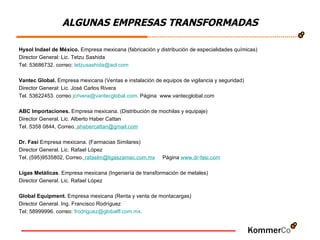ALGUNAS EMPRESAS TRANSFORMADAS Hysol Indael de México.  Empresa mexicana (fabricación y distribución de especialidades químicas) Director General: Lic. Tetzu Sashida Tel: 53686732. correo:  [email_address]   Vantec Global.  Empresa mexicana (Ventas e instalación de equipos de vigilancia y seguridad) Director General: Lic. José Carlos Rivera Tel. 53622453. correo  [email_address] . Página  www.vantecglobal.com ABC Importaciones.  Empresa mexicana. (Distribución de mochilas y equipaje) Director General. Lic. Alberto Haber Cattan Tel. 5358 0844, Correo.   [email_address] Dr. Fasi  Empresa mexicana. (Farmacias Similares) Director General. Lic. Rafael López Tel. (595)9535802, Correo.   [email_address]   Página  www.dr - fasi.com   Ligas Metálicas . Empresa mexicana (Ingeniería de transformación de metales) Director General. Lic. Rafael López Global Equipment.  Empresa mexicana (Renta y venta de montacargas) Director General. Ing. Francisco Rodríguez Tel: 58999996. correo:  frodriguez@globalfl:com.mx .  