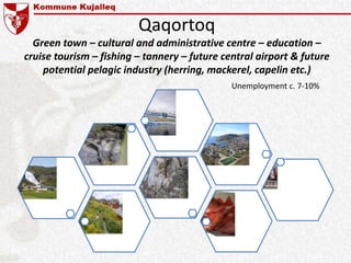 Qaqortoq
Green town – cultural and administrative centre – education –
cruise tourism – fishing – tannery – future central airport & future
potential pelagic industry (herring, mackerel, capelin etc.)
Unemployment c. 7-10%
 