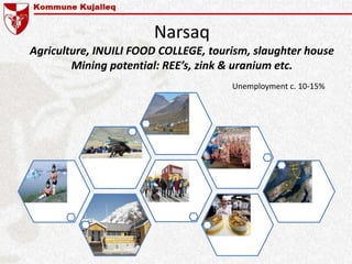 Narsaq
Agriculture, INUILI FOOD COLLEGE, tourism, slaughter house
Mining potential: REE’s, zink & uranium etc.
Unemployment c. 10-15%
 