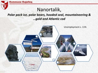 Nanortalik,
Polar pack ice, polar bears, hooded seal, mountaineering &
…gold and Atlantic cod
Unemployment c. 11%
 