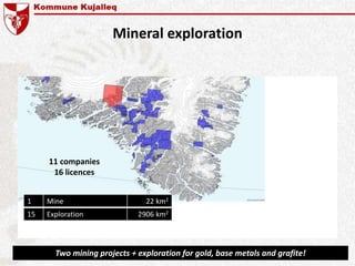 Mineral exploration
1 Mine 22 km2
15 Exploration 2906 km2
11 companies
16 licences
Two mining projects + exploration for gold, base metals and grafite!
 