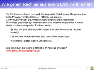 06.11.2023 Kommunikation von Rechnern 25
Wie gehen Rechner aus einem LAN ins Internet?
Die Rechner im lokalen Netzwerk haben private IP-Adressen. Sie gehen über
einen Proxyserver (Stellvertreter) / Router ins Internet.
Der Proxyserver gibt die Anfrage unter seiner eigenen öffentlichen
IP-Adresse (fest oder dynamisch) weiter und leitet die eingehende Antwort
wieder an den anfragenden Rechner weiter.
Es wird nur eine öffentliche IP-Adresse für den Proxyserver / Router
benötigt.
Die Rechner im lokalen Netz sind von außen „unsichtbar“.
Viele Router bieten diese Funktionalität.
Wie kann man die eigene öffentliche IP-Adresse erfragen?
www.gemal.dk/browserspy/ip.cgi
 