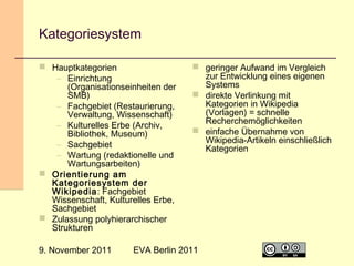 Kategoriesystem
 Hauptkategorien
– Einrichtung
(Organisationseinheiten der
SMB)
– Fachgebiet (Restaurierung,
Verwaltung, Wissenschaft)
– Kulturelles Erbe (Archiv,
Bibliothek, Museum)
– Sachgebiet
– Wartung (redaktionelle und
Wartungsarbeiten)
 Orientierung am
Kategoriesystem der
Wikipedia: Fachgebiet
Wissenschaft, Kulturelles Erbe,
Sachgebiet
 Zulassung polyhierarchischer
Strukturen
9. November 2011

 geringer Aufwand im Vergleich
zur Entwicklung eines eigenen
Systems
 direkte Verlinkung mit
Kategorien in Wikipedia
(Vorlagen) = schnelle
Recherchemöglichkeiten
 einfache Übernahme von
Wikipedia-Artikeln einschließlich
Kategorien

EVA Berlin 2011

24

 
