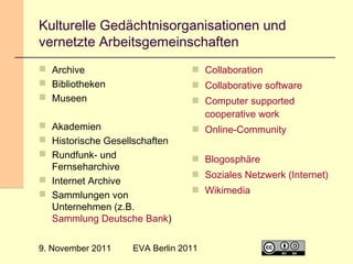 Kulturelle Gedächtnisorganisationen und
vernetzte Arbeitsgemeinschaften
 Archive
 Bibliotheken
 Museen

 Collaboration

 Akademien
 Historische Gesellschaften
 Rundfunk- und
Fernseharchive
 Internet Archive
 Sammlungen von
Unternehmen (z.B.
Sammlung Deutsche Bank)

 Online-Community

9. November 2011

 Collaborative software
 Computer supported
cooperative work

 Blogosphäre
 Soziales Netzwerk (Internet)
 Wikimedia

EVA Berlin 2011

5

 