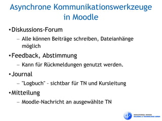 Asynchrone Kommunikationswerkzeuge
             in Moodle
• Diskussions-Forum
   – Alle können Beiträge schreiben, Dateianhänge
     möglich
• Feedback, Abstimmung
   – Kann für Rückmeldungen genutzt werden.
• Journal
   – "Logbuch" – sichtbar für TN und Kursleitung
• Mitteilung
   – Moodle-Nachricht an ausgewählte TN
 