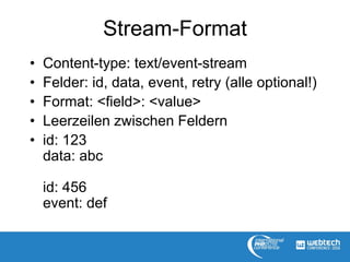 Stream-Format
• Content-type: text/event-stream
• Felder: id, data, event, retry (alle optional!)
• Format: <field>: <value>
• Leerzeilen zwischen Feldern
• id: 123
data: abc
id: 456
event: def
 