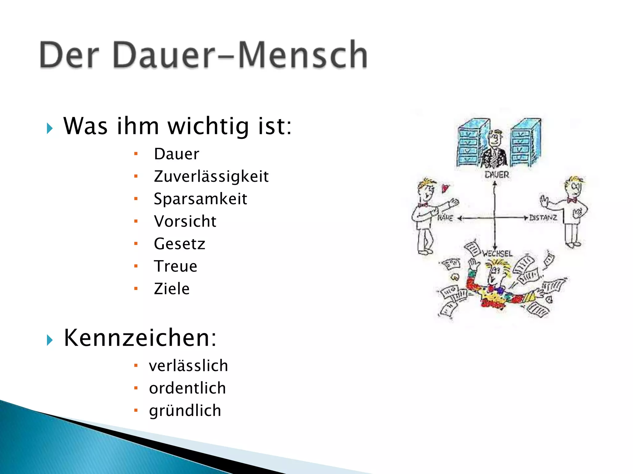    Was ihm wichtig ist:
             Dauer
             Zuverlässigkeit
             Sparsamkeit
             Vorsicht
             Gesetz
             Treue
             Ziele


   Kennzeichen:
           verlässlich
           ordentlich
           gründlich
 