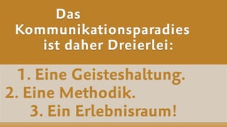 1. Eine Geisteshaltung. 
2. Eine Methodik.  
3. Ein Erlebnisraum!
Das
Kommunikationsparadies  
ist daher Dreierlei:
 