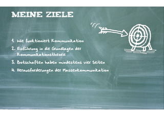 Meine Ziele


1. Wie funktioniert Kommunikation

2. Einführung in die Grundlagen der
  Kommunikationstheorie

3. Botschaften haben mindestens vier Seiten

4. Herausforderungen der Massenkommunikation




                         Kontakter-Schule | © 2012 | Andreas Wiehrdt, München |  www.kontakterschule.de
 