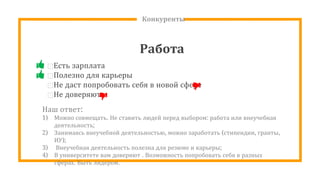 Конкуренты
Работа
⊡Есть зарплата
⊡Полезно для карьеры
⊡Не даст попробовать себя в новой сфере
⊡Не доверяют
Наш ответ:
1) Можно совмещать. Не ставить людей перед выбором: работа или внеучебная
деятельность;
2) Занимаясь внеучебной деятельностью, можно заработать (стипендии, гранты,
ИУ);
3) Внеучебная деятельность полезна для резюме и карьеры;
4) В университете вам доверяют . Возможность попробовать себя в разных
сферах. Быть лидером.
 