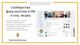 Каналы коммуникации
(вышкинские, но не дирекции)
Более 20 сообществ с разной
степенью вовлеченности;
Есть удачные кейсы. Сильно зависит
от образовательной программы и
конкретных сотрудников,
занимающихся этим вопросом
Перспективный ресурс
Сообщества
факультетов и ОП
в соц. медиа
 
