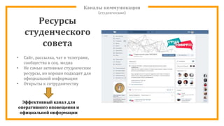 Каналы коммуникации
(студенческие)
• Сайт, рассылка, чат в телеграме,
сообщества в соц. медиа
• Не самые активные студенческие
ресурсы, но хорошо подходят для
официальной информации
• Открыты к сотрудничеству
Эффективный канал для
оперативного оповещения и
официальной информации
Ресурсы
студенческого
совета
 