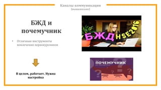Каналы коммуникации
(вышкинские)
• Отличные инструменты
вовлечения первокурсников
В целом, работает. Нужна
настройка
БЖД и
почемучник
 