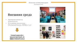 Каналы коммуникации
(вышкинские)
• Преимущественно не
используется.
• Есть редкие исключения
(Питерский Кампус, ФКМД и т.д.)
Самый дорогой и
трудозатратный, но
эффективный канал
Внешняя среда
 