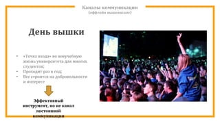 Каналы коммуникации
(оффлайн вышкинские)
• «Точка входа» во внеучебную
жизнь университета для многих
студентов;
• Проходит раз в год;
• Все строится на добровольности
и интересе
Эффективный
инструмент, но не канал
постоянной
коммуникации
День вышки
 