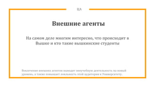 ЦА
Внешние агенты
На самом деле многим интересно, что происходит в
Вышке и кто такие вышкинские студенты
Вовлечение внешних агентов выводит внеучебную деятельность на новый
уровень, а также повышает лояльность этой аудитории к Университету.
 