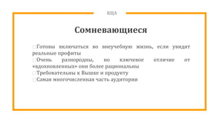 КЦА
Сомневающиеся
⊡Готовы включаться во внеучебную жизнь, если увидят
реальные профиты
⊡Очень разнородны, но ключевое отличие от
«вдохновленных» они более рациональны
⊡Требовательны к Вышке и продукту
⊡Самая многочисленная часть аудитории
 