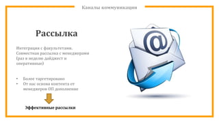 Каналы коммуникации
Рассылка
Интеграция с факультетами.
Совместная рассылка с менеджерами
(раз в неделю дайджест и
оперативные)
• Более таргетировано
• От нас основа контента от
менеджеров ОП дополнение
Эффективные рассылки
 