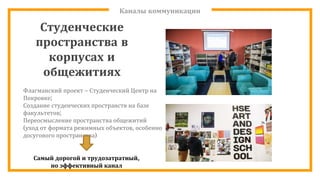 Каналы коммуникации
Флагманский проект – Студенческий Центр на
Покровке;
Создание студенческих пространств на базе
факультетов;
Переосмысление пространства общежитий
(уход от формата режимных объектов, особенно
досугового пространства)
Самый дорогой и трудозатратный,
но эффективный канал
Студенческие
пространства в
корпусах и
общежитиях
 