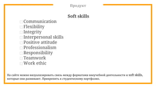Продукт
Soft skills
⊡Communication
⊡ Flexibility
⊡ Integrity
⊡ Interpersonal skills
⊡Positive attitude
⊡ Professionalism
⊡ Responsibility
⊡ Teamwork
⊡ Work ethic
На сайте можно визуализировать связь между форматами внеучебной деятельности и soft skills,
которые они развивают. Прикрепить к студенческому портфолио.
 