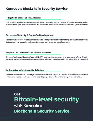 Komodo’s Blockchain Security Service
Mitigate The Risk Of 51% Attacks
51% attacks are becoming more and more common. In 2018 alone, 10 separate attacks led
to more than $23 Million in losses. It’s crucial to protect your blockchain and your investors.
Outsource Security & Focus On Development
The constant threat of a 51% attack can be a major distraction for many blockchain startups.
Outsource your security to Komodo so you can focus on development.
Recycle The Power Of The Bitcoin Network
Komodo’s delayed Proof of Work (dPoW) mechanism recycles the hash rate of the Bitcoin
network, protecting every integrated chain with BTC-level security for a fraction of the price.
An Industry-Wide Security Solution
Komodo’sBlockchainSecurityServiceisavailabletoanyUTXO-basedblockchain,regardless
of the consensus mechanism and hashing algorithm. It’s an industry-wide solution.
Get
Bitcoin-level security
with Komodo’s
Blockchain Security Service.
 