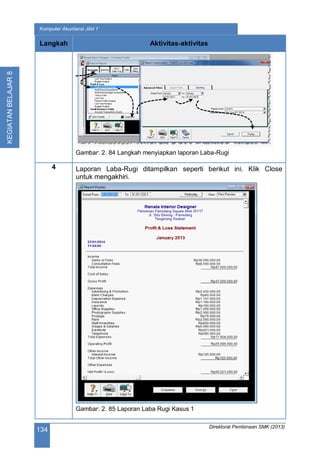 Direktorat Pembinaan SMK (2013)
134
Komputer Akuntansi Jilid 1
KEGIATANBELAJAR8
Langkah Aktivitas-aktivitas
Gambar: 2. 84 Langkah menyiapkan laporan Laba-Rugi
4 Laporan Laba-Rugi ditampilkan seperti berikut ini. Klik Close
untuk mengakhiri.
Gambar: 2. 85 Laporan Laba Rugi Kasus 1
 