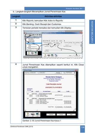 Direktorat Pembinaan SMK (2013)
139
Komputer Akuntansi Jilid 1
KEGIATANBELAJAR8
b. Langkah-langkah Menampilkan Jurnal Penerimaan Kas
Langkah Aktivitas-aktivitas
1 Klik Reports, kemudian Klik Index to Reports.
2 Klik Banking, Cash Receipt dan Customise.
3 Tentukan periode transaksi dan kemudian klik Display.
4 Jurnal Penerimaan Kas ditampilkan seperti berikut ini. Klik Close
untuk mengakhiri.
Gambar: 2. 93 Jurnal Penerimaan Kas Kasus 1
 
