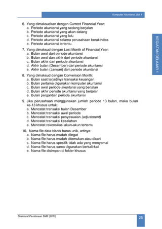 Direktorat Pembinaan SMK (2013)
25
Komputer Akuntansi Jilid 1
KEGIATANBELAJAR1
6. Yang dimaksudkan dengan Current Financial Year:
a. Periode akuntansi yang sedang berjalan
b. Periode akuntansi yang akan datang
c. Periode akuntansi yang lalu
d. Periode akuntansi selama perusahaan beraktivitas
e. Periode akuntansi tertentu.
7. Yang dimaksud dengan Last Month of Financial Year:
a. Bulan awal dari periode akuntansi
b. Bulan awal dan akhir dari periode akuntansi
c. Bulan akhir dari periode akuntansi
d. Akhir bulan (Desember) dari periode akuntansi
e. Akhir bulan (Januari) dari periode akuntansi
8. Yang dimaksud dengan Conversion Month:
a. Bulan saat terjadinya transaksi keuangan
b. Bulan pertama digunakan komputer akuntansi
c. Bulan awal periode akuntansi yang berjalan
d. Bulan akhir periode akuntansi yang berjalan
e. Bulan pergantian periode akuntansi
9. Jika perusahaan menggunakan jumlah periode 13 bulan, maka bulan
ke-13 khusus untuk:
a. Mencatat transaksi bulan Desember
b. Mencatat transaksi awal periode
c. Mencatat transaksi penyesuaian (adjustment)
d. Mencatat transaksi kesalahan
e. Mencatat rekonsiliasi akun-akun tertentu
10. Nama file data bisnis harus unik, artinya:
a. Nama file harus mudah diingat
b. Nama file harus mudah ditemukan atau dicari
c. Nama file harus spesifik tidak ada yang menyamai
d. Nama file harus sama digunakan berkali-kali
e. Nama file disimpan di folder khusus
 