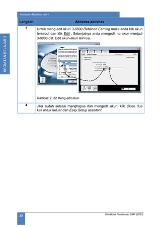 Direktorat Pembinaan SMK (2013)
38
Komputer Akuntansi Jilid 1
KEGIATANBELAJAR2
Langkah Aktivitas-aktivitas
3 Untuk meng-edit akun 3-0800 Retained Earning maka anda klik akun
tersebut dan klik Edit . Selanjutnya anda mengedit no akun menjadi
3-8000 dst. Edit akun-akun lainnya.
Gambar: 2. 22 Meng-edit akun
4 Jika sudah selesai menghapus dan mengedit akun, klik Close dua
kali untuk keluar dari Easy Setup assistant.
 