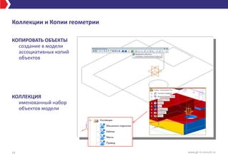 Коллекции и Копии геометрии
14 www.gk-it-consult.ru
КОПИРОВАТЬ ОБЪЕКТЫ
создание в модели
ассоциативных копий
объектов
КОЛЛЕКЦИЯ
именованный набор
объектов модели
 